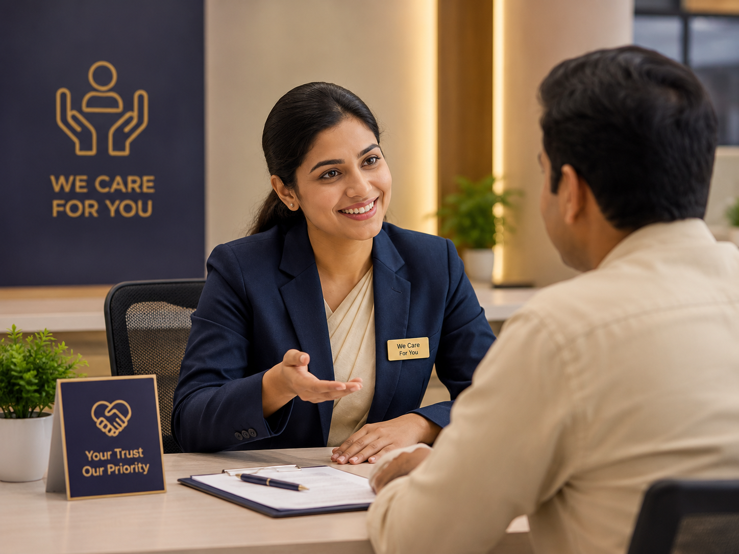 Customer care discussion at the branch desk
